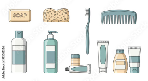 Collection of personal hygiene products including soap toothbrush and lotion