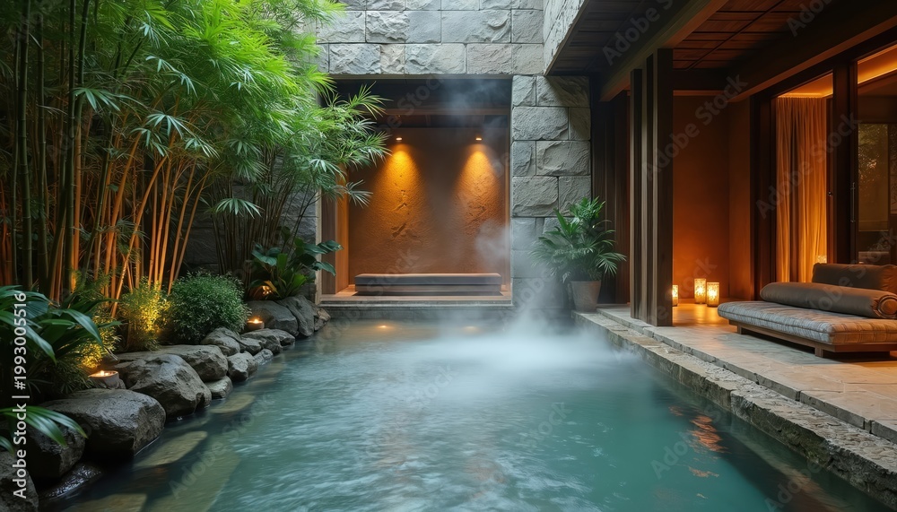 Fototapeta premium Japanese spa oasis features tranquil pool with steam, bamboo garden, and serene lounge area. Warm, inviting atmosphere promotes ultimate relaxation and well-being.