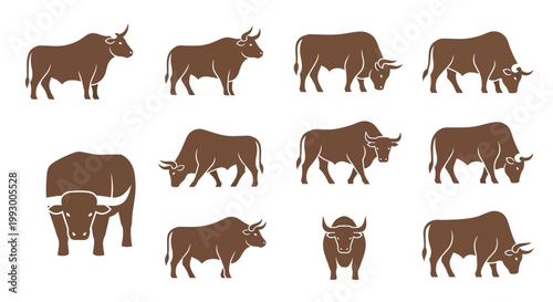 A collection of stylized brown bull silhouettes in various poses