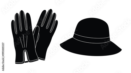 A pair of gloves and a fedora hat in black silhouette