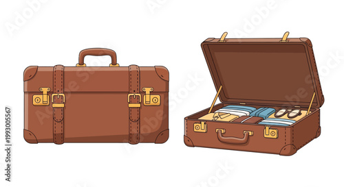 Vintage suitcases one closed one open displaying travel contents