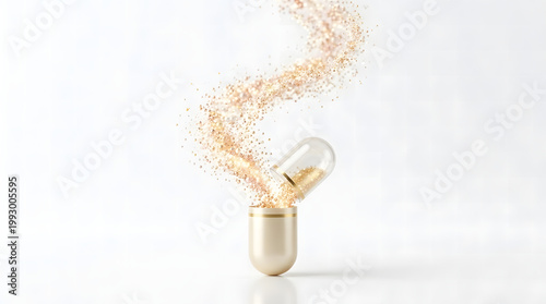An open golden supplement capsule releasing a swirling trail of glowing particles on white background.