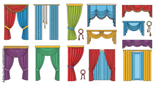Variety of colorful curtains and decorative valances illustrated in a row
