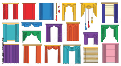 Collection of colorful cartoon curtains and window coverings displayed neatly
