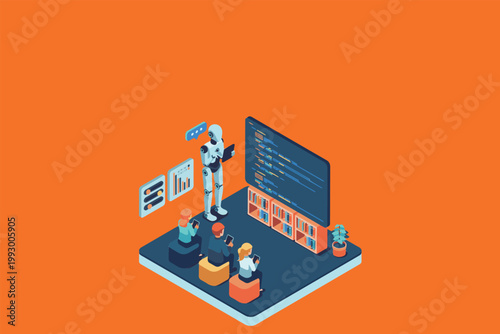 Vibrant isometric illustration of an AI robot teaching students in a futuristic classroom setting with a large coding display and digital learning interfaces on a bold orange background