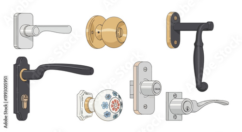 A collection of various door handles and lock mechanisms illustrated