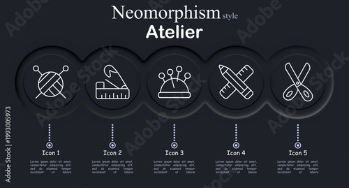 Atelier set icon. Neomorphic dark interface circles with line symbols of yarn ball knitting needles, measuring ruler tape, pincushion pins, pencil ruler tools, scissors cutting