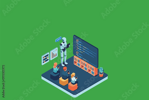 Isometric illustration of an AI robot teacher instructing students in a futuristic classroom, featuring coding on a large screen and digital learning tools on a clean green background.
