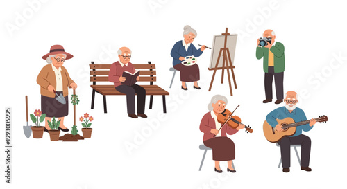 Diverse group of seniors enjoying hobbies in a park setting
