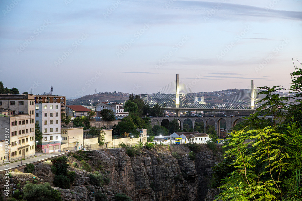 Fototapeta premium Night view of Salah Bey Viaduct across the Rhummel Canyon in Constantine. Algeria