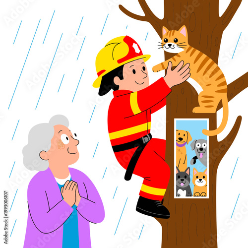 A brave firefighter rescues a cute orange tabby cat stuck in a tall tree during a rainy day while an elderly woman watches with gratitude and hope in this vibrant illustration