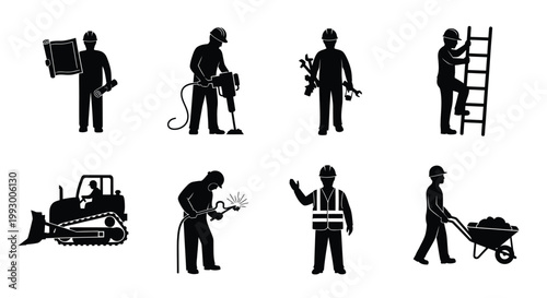Construction workers and heavy machinery depicted in a black and white vector illustration