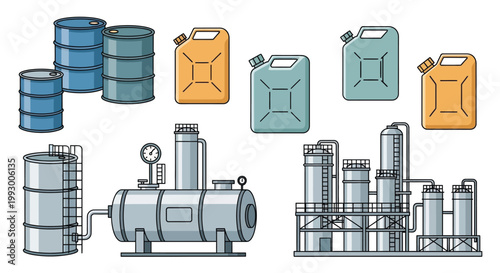 Variety of industrial containers and refinery equipment in a cartoon style