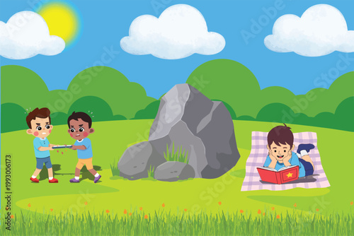 Cartoon illustration of two boys arguing over a digital tablet while a third child reads a book nearby in a sunny park, depicting childhood conflict, digital addiction, and educational alternatives.