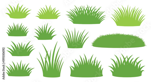 Collection of vibrant green grass patches and tufts on a white background