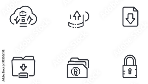 Cloud Data Icons: Clean, modern icons symbolize cloud computing and data storage, with images of download, upload, cloud, folder, and a lock. Ideal for digital projects.