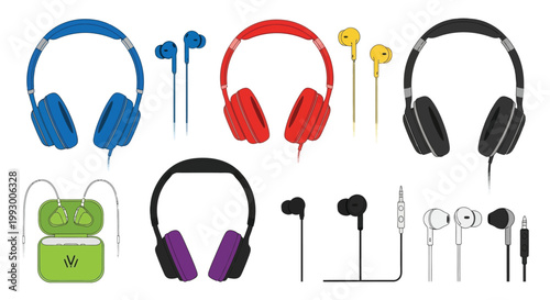 Collection of various colorful headphones and earbuds on a white background