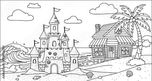 Whimsical beach scene castle cottage and palm tree coloring page
