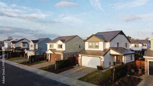 Modern suburban houses on a quiet street architecture daytime aerial view community living