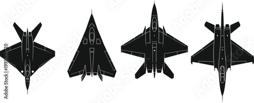 Fighter jet silhouette collection, military aircraft top view set, modern air force planes illustration, aviation icons isolated on white background design