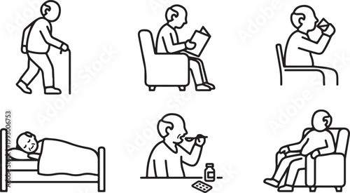 Person relaxing in various seated positions with books and drinks Vector Silhouette Isolated on white background