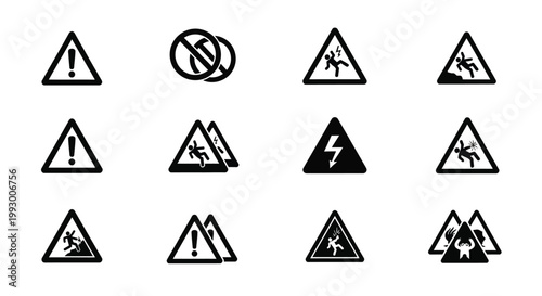 Collection of black warning and danger signs depicting various hazards