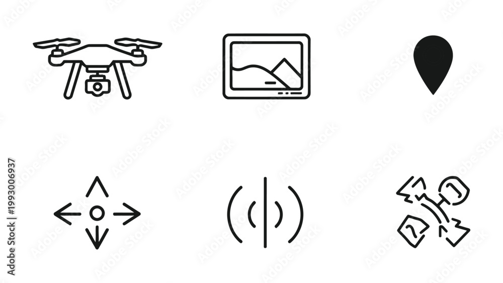 Fototapeta premium Drone Icon Collection: A set of minimalistic black and white icons featuring a drone, a landscape view on a tablet, a location marker, a directional symbol, a signal indicator, and a path route.
