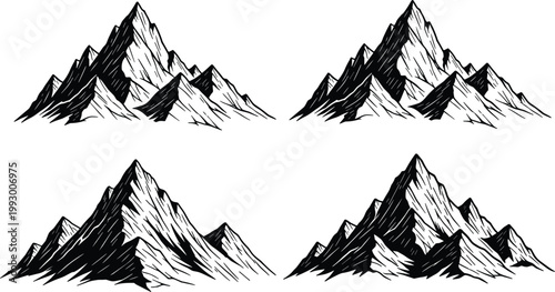 Hand drawn mountain peaks vector set, black and white sketch style landscape illustration, rugged alpine silhouettes isolated on white background