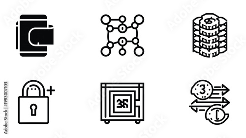 Digital Security Icons: A collection of concise digital icons that epitomize the modern concepts of technology, connectivity, security and finance.