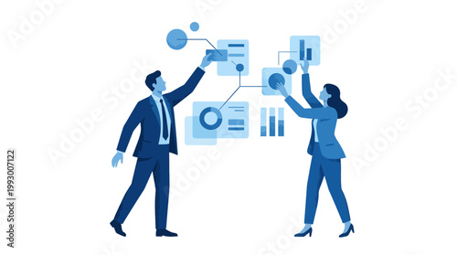 Business people analyzing floating graphs. Full body illustration material of a man and a woman interacting with a digital data dashboard.