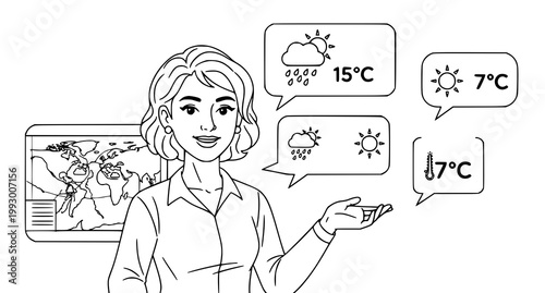 Weather forecast presentation female meteorologist reporting with temperature and climate icons