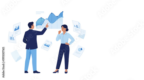Business people analyzing with floating graphs in the background. Full body illustration material of a man and a woman sharing data and statistics.