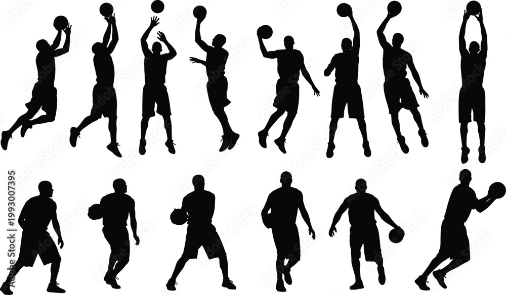 Fototapeta premium Set of basketball player silhouettes in action poses, dribbling shooting and jumping vector illustration for sports, fitness, and training design