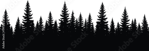 Pine forest silhouette landscape with evergreen trees for nature, wilderness, outdoor scenery, and decorative vector illustration background design