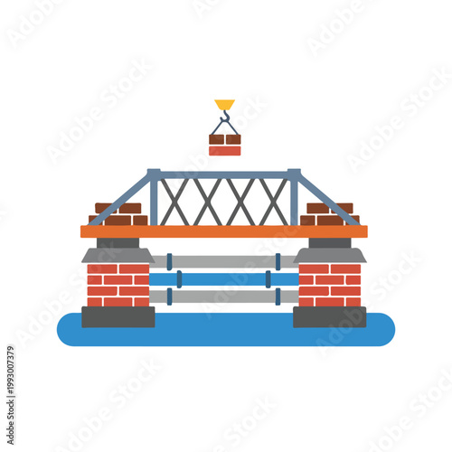 This vector illustration shows a bridge under construction over water with a crane hook lowering bricks onto the steel truss structure.
