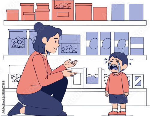 A minimalist vector illustration showing a calm parent explaining logic to a crying child in a grocery aisle, highlighting emotional development and parenting struggles.