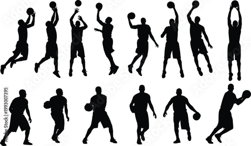 Set of basketball player silhouettes in action poses, dribbling shooting and jumping vector illustration for sports, fitness, and training design