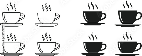 Set of coffee cup silhouettes and outline icons, hot beverage vector collection for cafe, drink, and restaurant design use