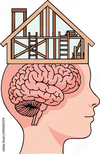 A flat design vector showing a child's head as a two-story house with an unfinished upper floor and scaffolding, representing cognitive development and brain growth.