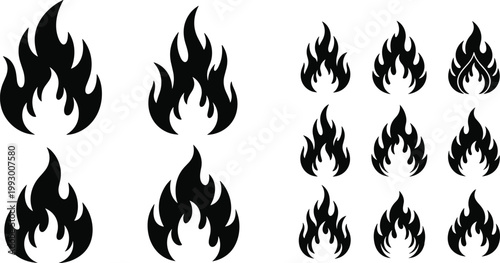 Set of fire flame silhouettes in different shapes, burning icon vector collection for heat, danger, energy, and design use