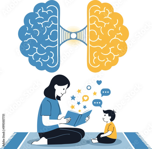 Concept of emotional bonding and neural connection between a mother and her child. This illustration shows a symbolic bridge connecting their brains while they play together happily.