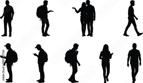 Set of people silhouettes using smartphones, walking and standing poses vector collection for communication, social media, and lifestyle design use