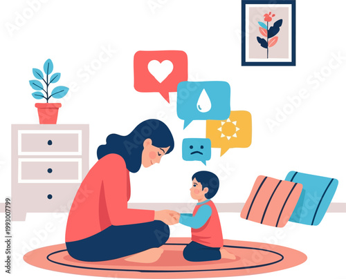 A caring mother patiently comforts her crying toddler during a difficult emotional meltdown at home, demonstrating positive parenting and child behavior management.