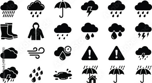 Rainy Weather And Monsoon Icons For August Season Safety Alert