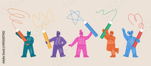 Set of boy and girl holding color pencils. Colorful vector illustration