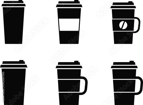 Takeaway coffee cup silhouettes vector set, disposable mugs with lids and sleeves, black cafe drink icons isolated on white background