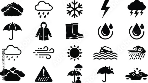 WEATHER FORECAST ICONS SET REPRESENTING RAINY SEASON AND METEOROLOGICAL CONDITIONS