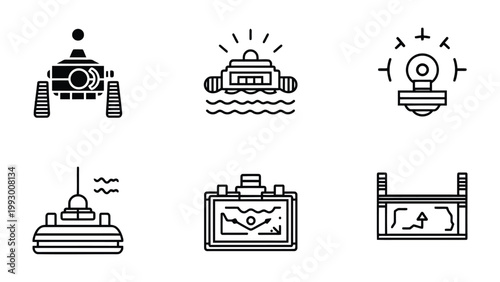 Autonomous Machines: Collection of streamlined icons representing different unmanned vehicles and advanced technological systems.