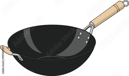 Wok pan illustration, kitchen cookware design, frying pan with wooden handle, cooking utensil icon isolated on white background