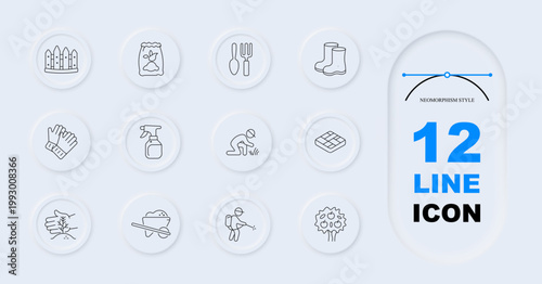 Gardening farming set icon. Line symbols with fence seed bag fork boots gloves sprayer planting bricks leaf wheelbarrow worker fruit tree inside circular neumorphism buttons layout